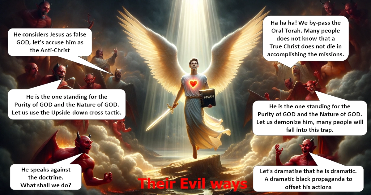 Angel surrounded by devils created by DALL-E AI with added comments