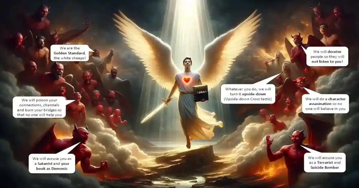 Angel surrounded by devils created by DALL-E AI with added comments