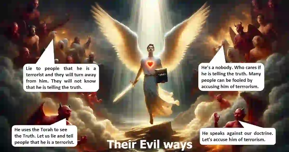 Angel surrounded by devils created by DALL-E AI with added comments